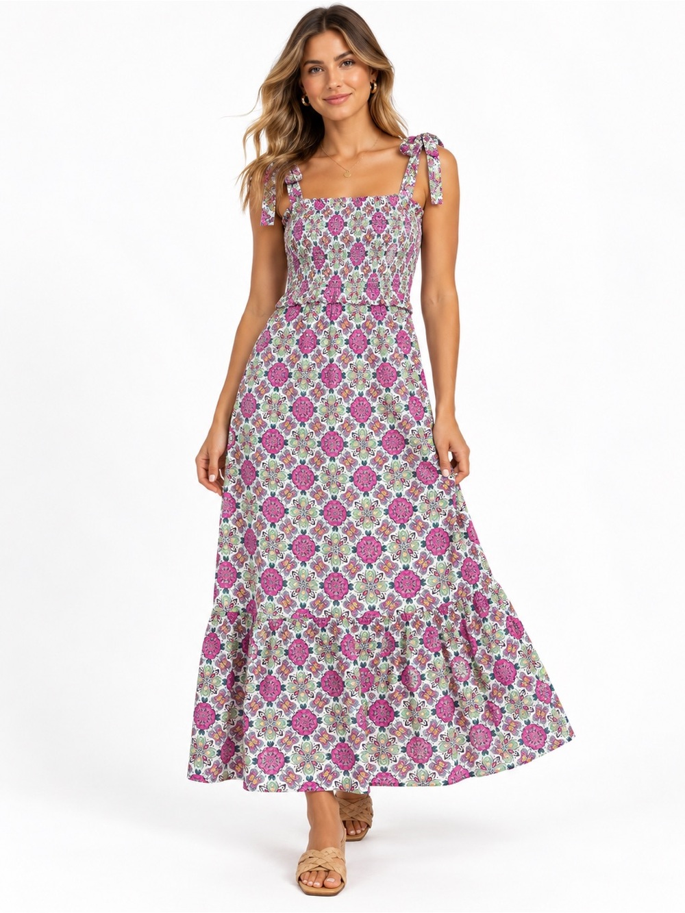 Cabellero Smocked Midi Maxi Dress Floral Boho Preppy Tiered Womens M